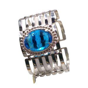 Large Oval Blue Crystal Bracelet, Royal Blue Faceted Glass on Silver Tone Lightw